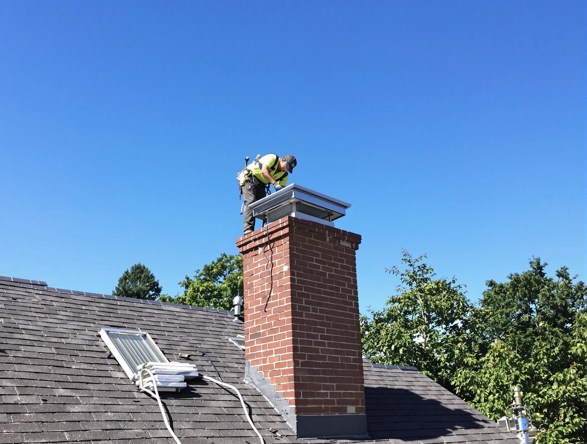 Midfield Chimney Sweep technician measuring a chimney cap in Midfield, AL