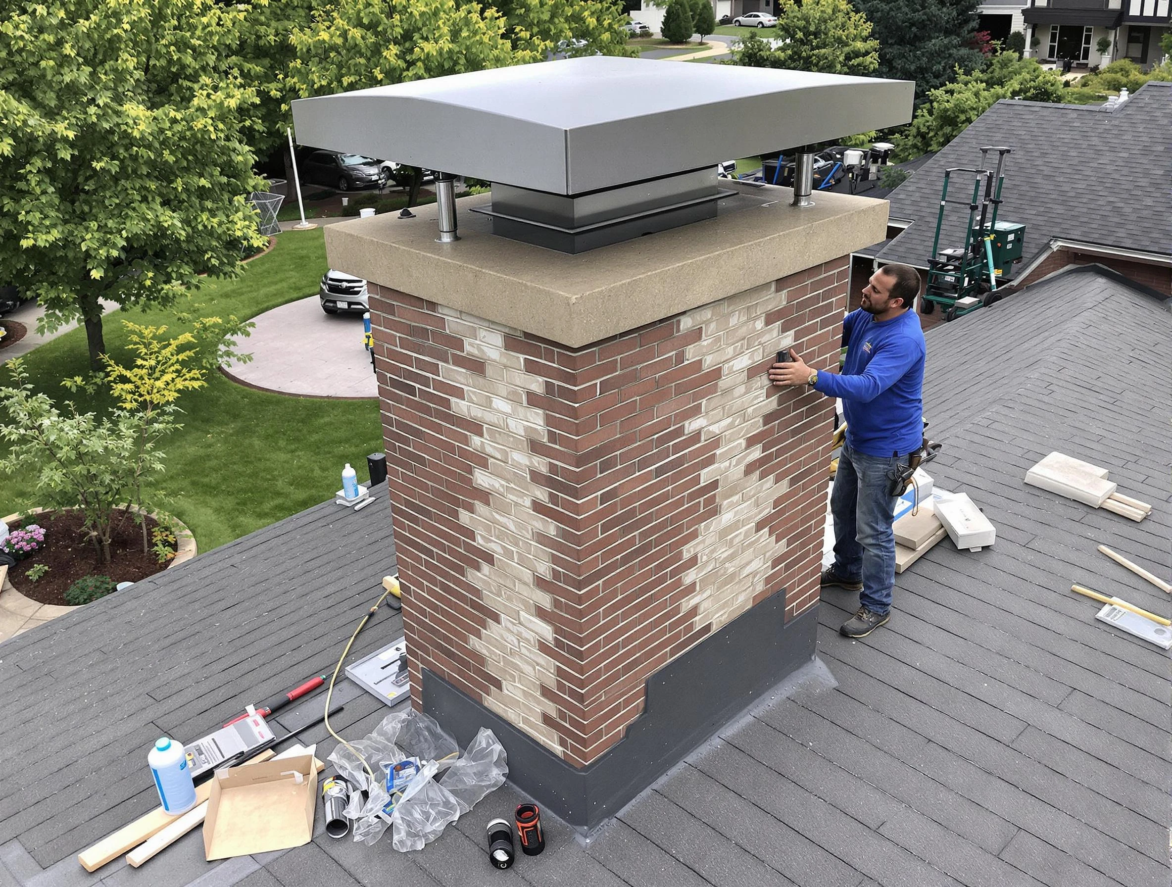 Midfield Chimney Sweep team working on a custom chimney remodel in Midfield, AL